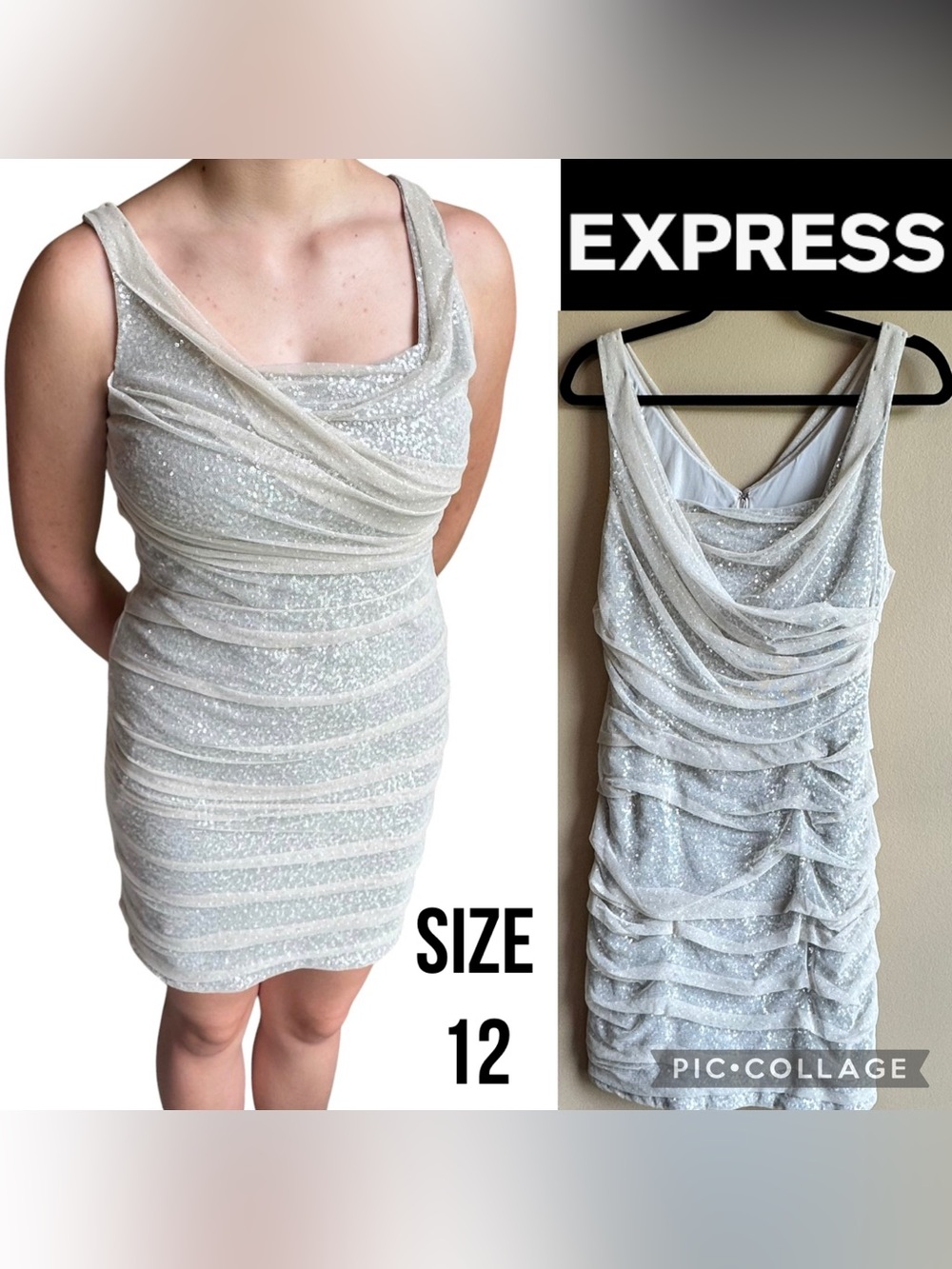 Express Women’s Dress Silver Sequin Champagne Mesh Bodycon Ruched Sleeveless 12